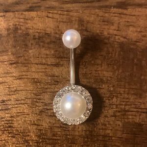 Pearl Belly Button Ring with Crystals